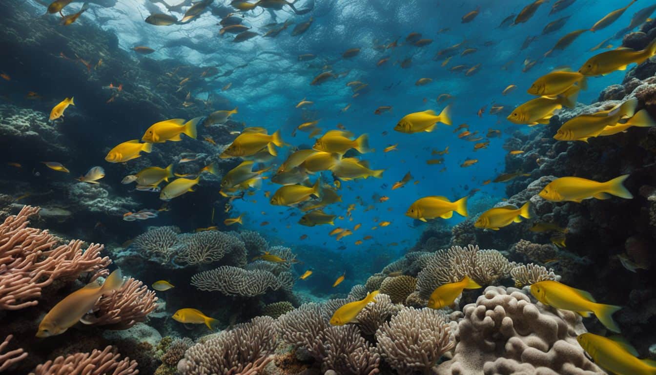 A vibrant school of fish swims in a coral reef captured through underwater photography.