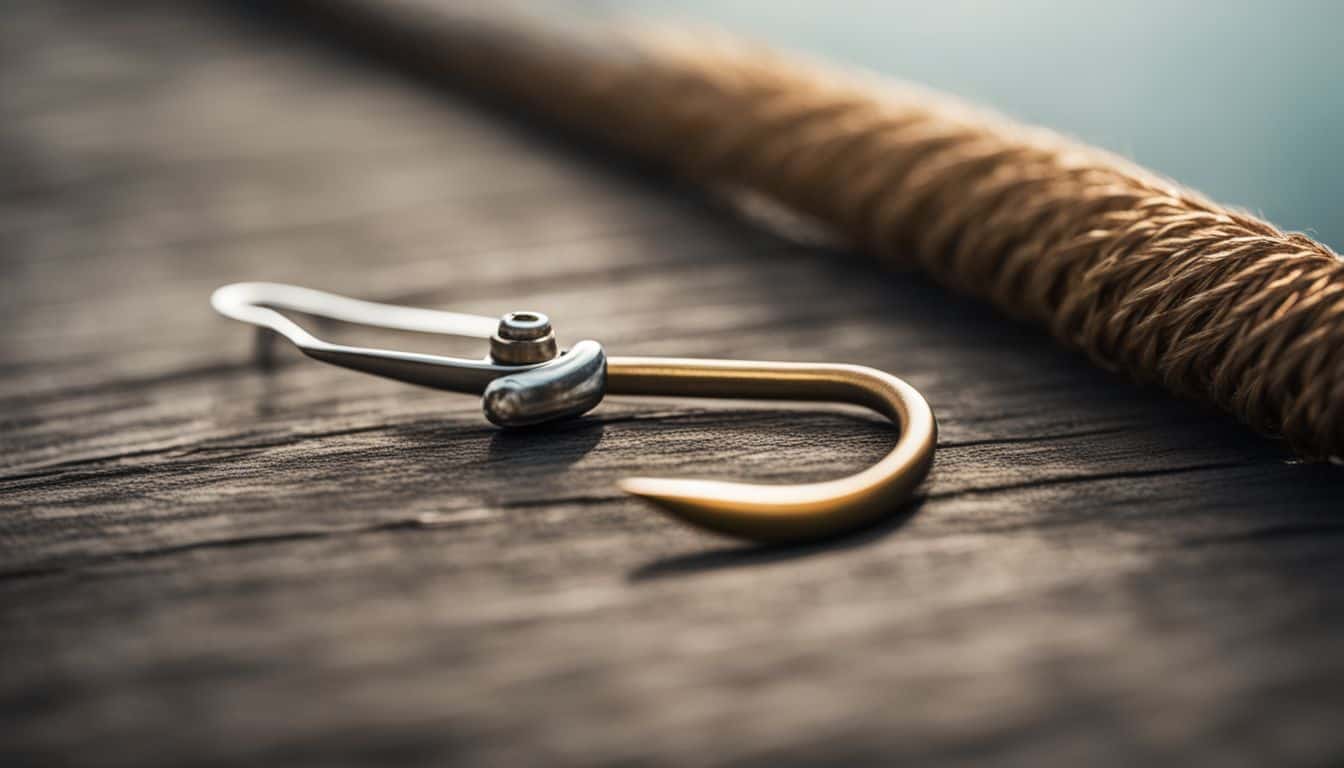 A close-up shot of a sharp fishing hook against a background of fishing gear and a serene lake.