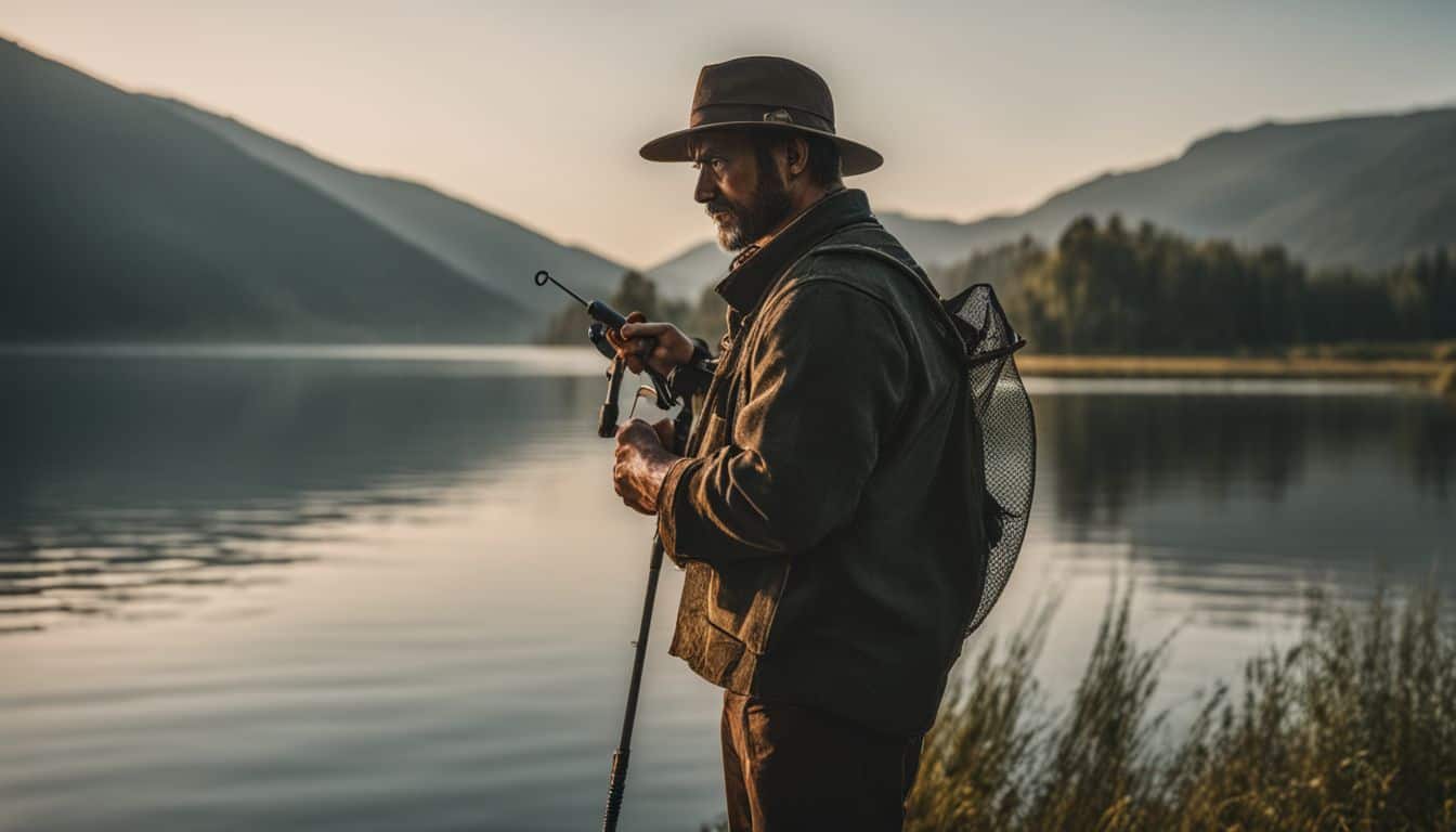 The photo captures a fisherman at a serene lakeside, showcasing different people, outfits, and landscapes with clear, high-quality resolution.