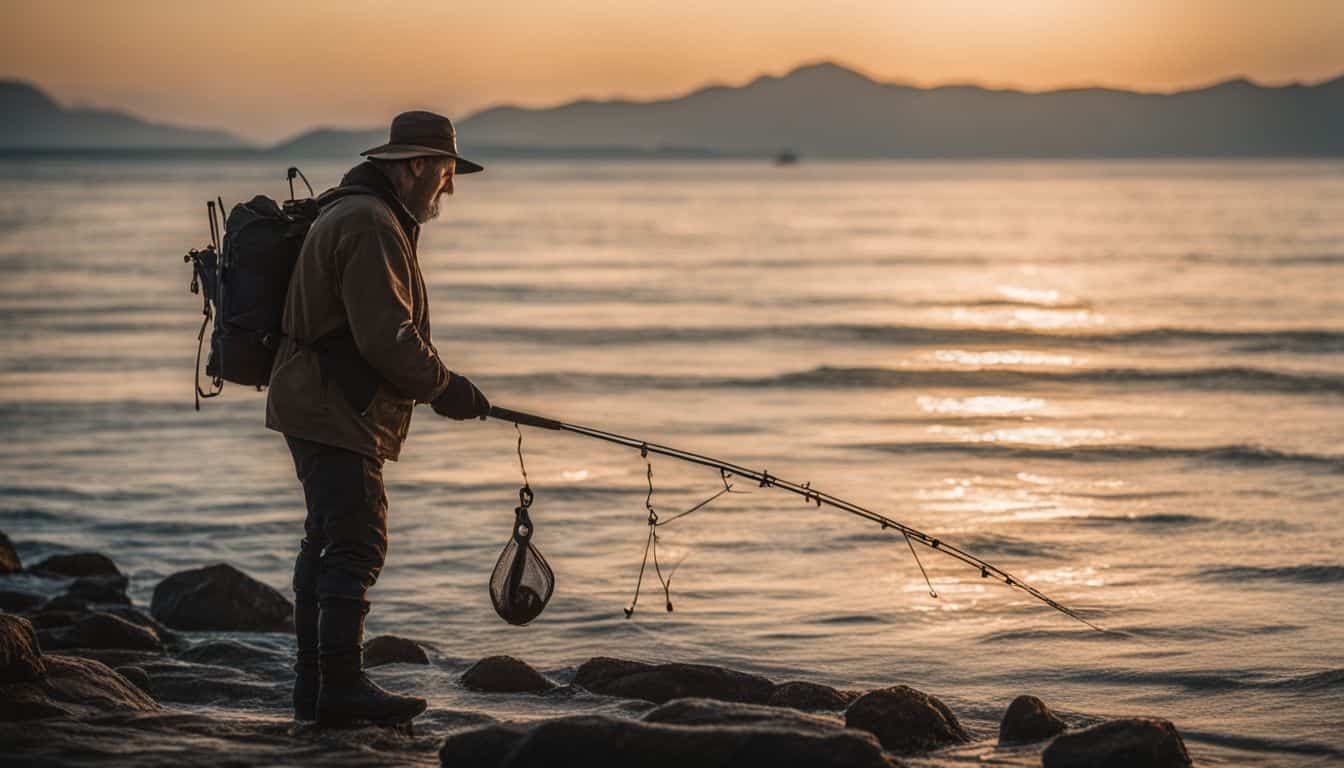 A fisherman casts his line into the ocean at sunrise, capturing the beauty and tranquility of the seascape.