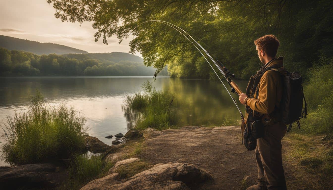 A serene riverside scene with a fishing rod and various people in different styles and outfits.