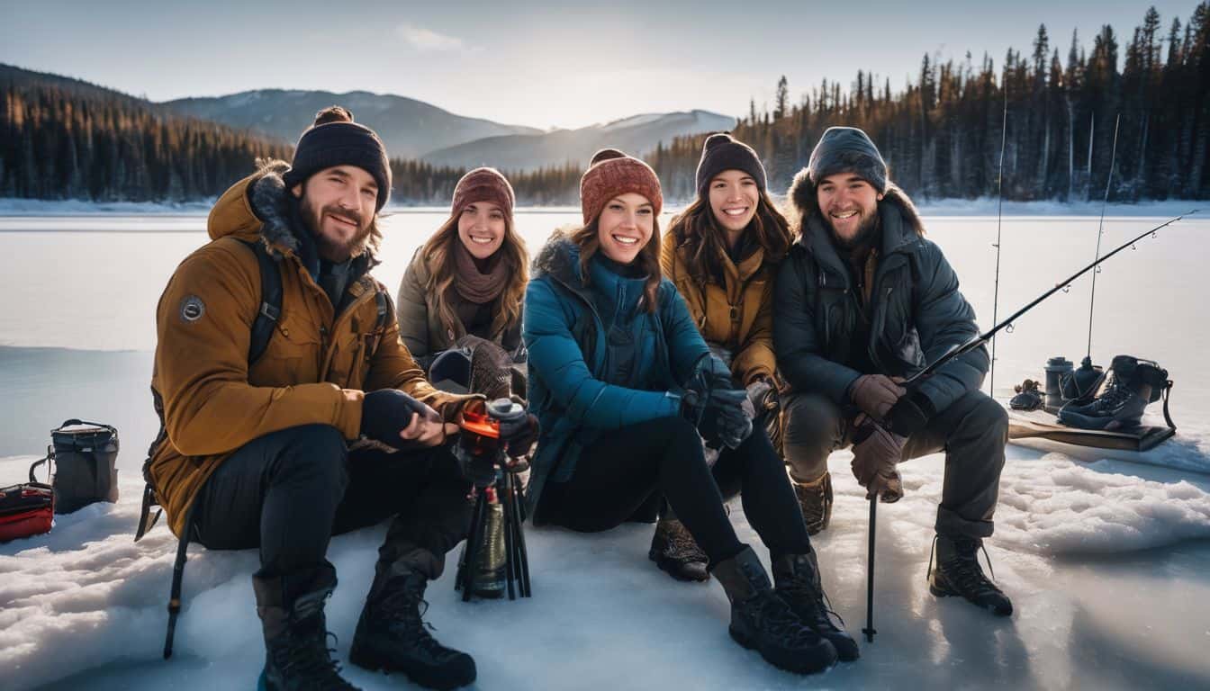 A diverse group of friends enjoy ice fishing on a frozen lake surrounded by snowy landscapes.