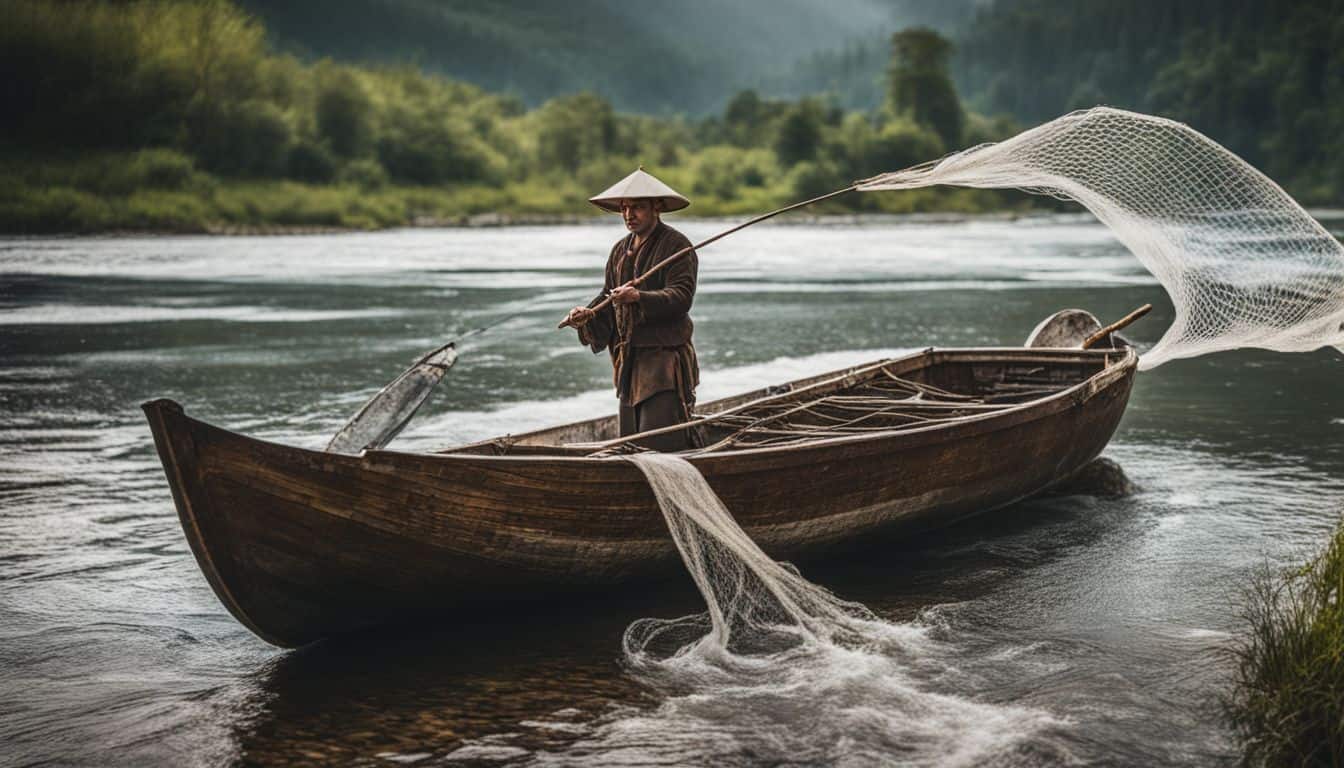 A fisherman dressed in traditional attire casts a net into a picturesque river in a bustling atmosphere.