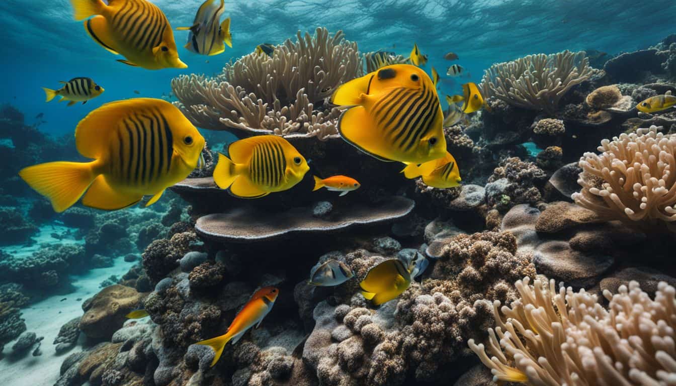 A vibrant underwater scene with diverse marine life and colorful coral reef captured in high-quality photography.