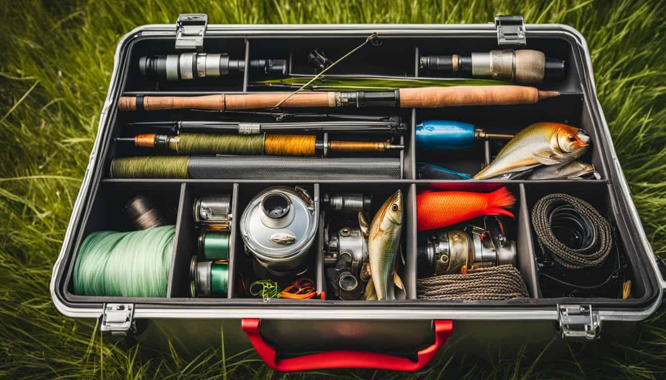 A colorful tackle box filled with fishing gear on a grassy riverbank.
