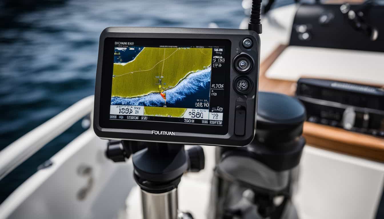 A photo of a fish finder mounted on a boat, showcasing underwater images and depth readings.