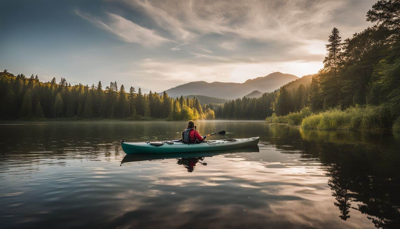 A fishing kayak peacefully floats on a calm lake surrounded by beautiful natural scenery.