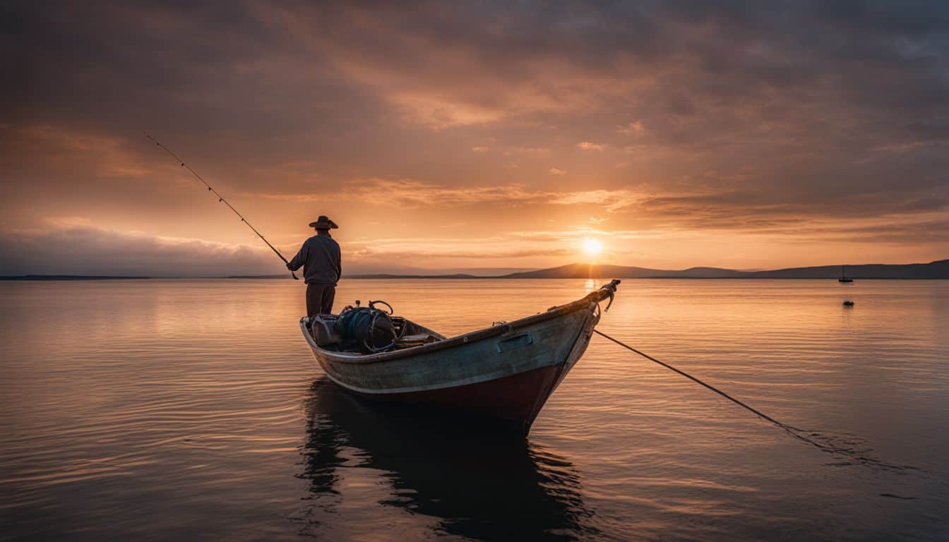 A fisherman stands on a boat surrounded by calm waters and a beautiful sunset in a bustling atmosphere.