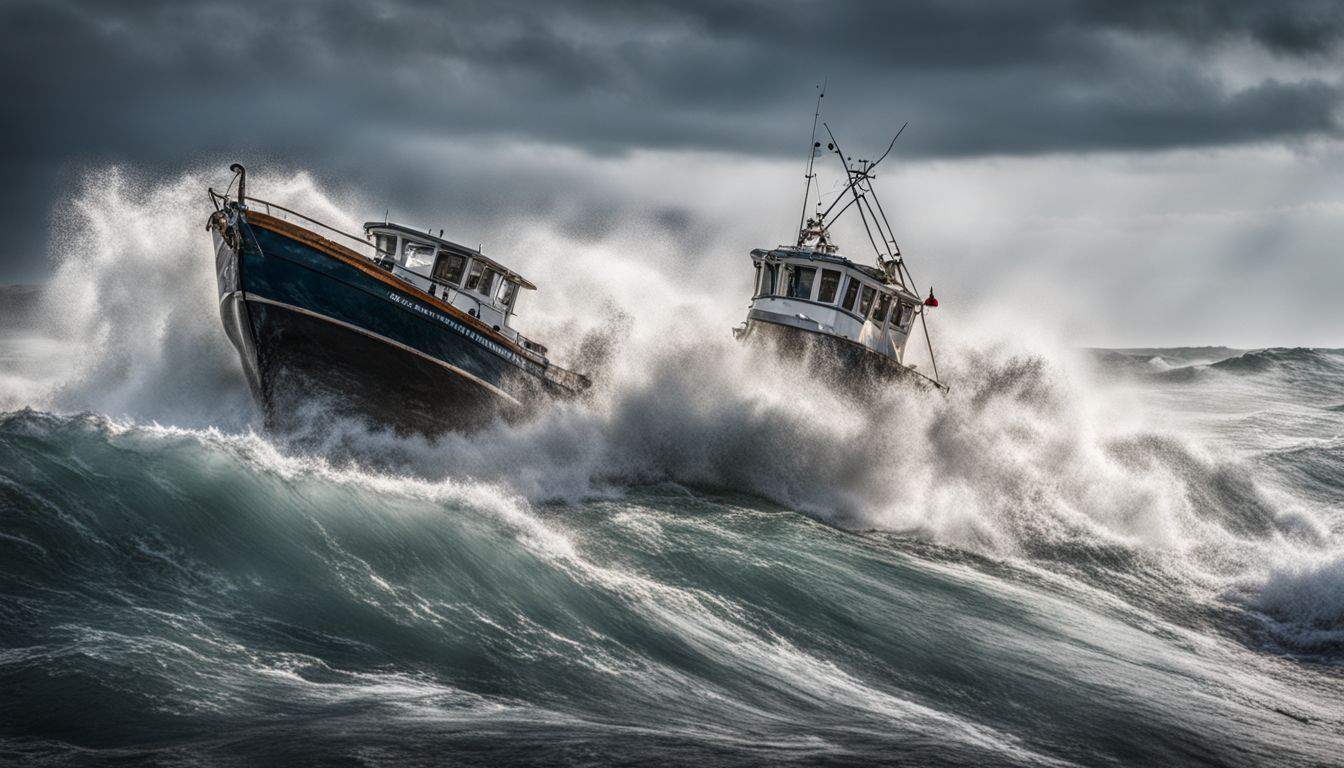 A busy fishing boat navigates through rough coastal waters in a well-lit and bustling atmosphere.