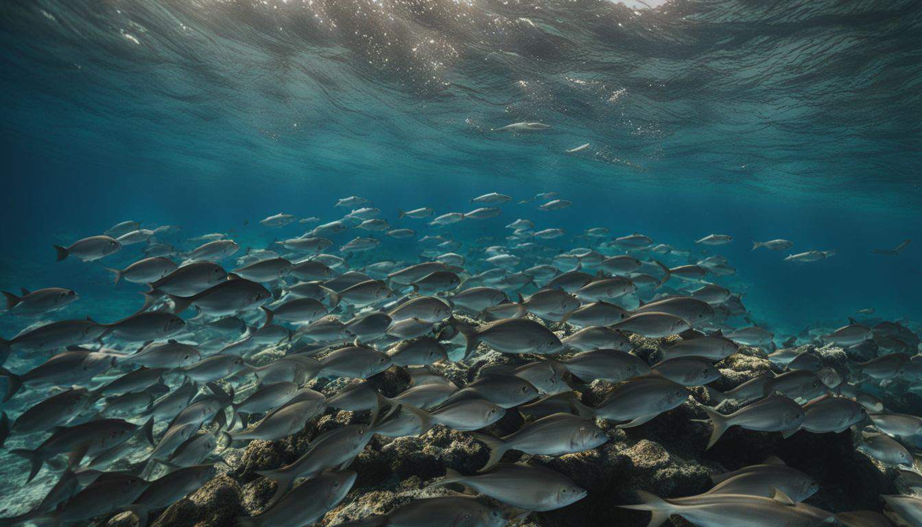 A vibrant and diverse community of fish swimming together in the deep ocean captured in high-resolution photography.