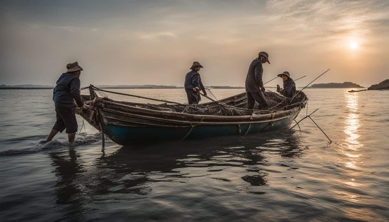 A photo of a traditional fishing boat using Gillnet to catch fish in a bustling atmosphere.