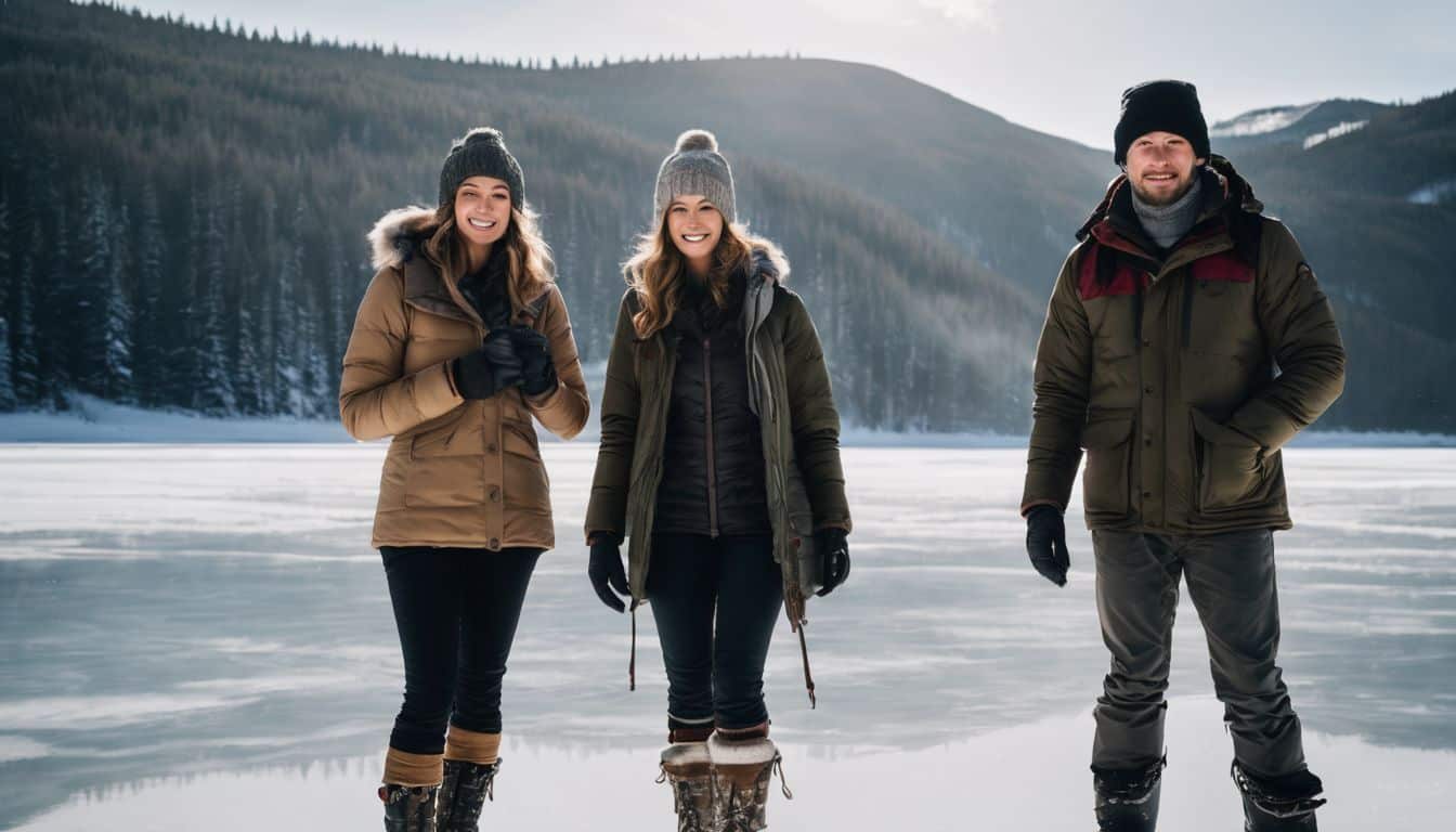 A group of friends enjoy a winter day on a frozen lake in various outfits and poses.