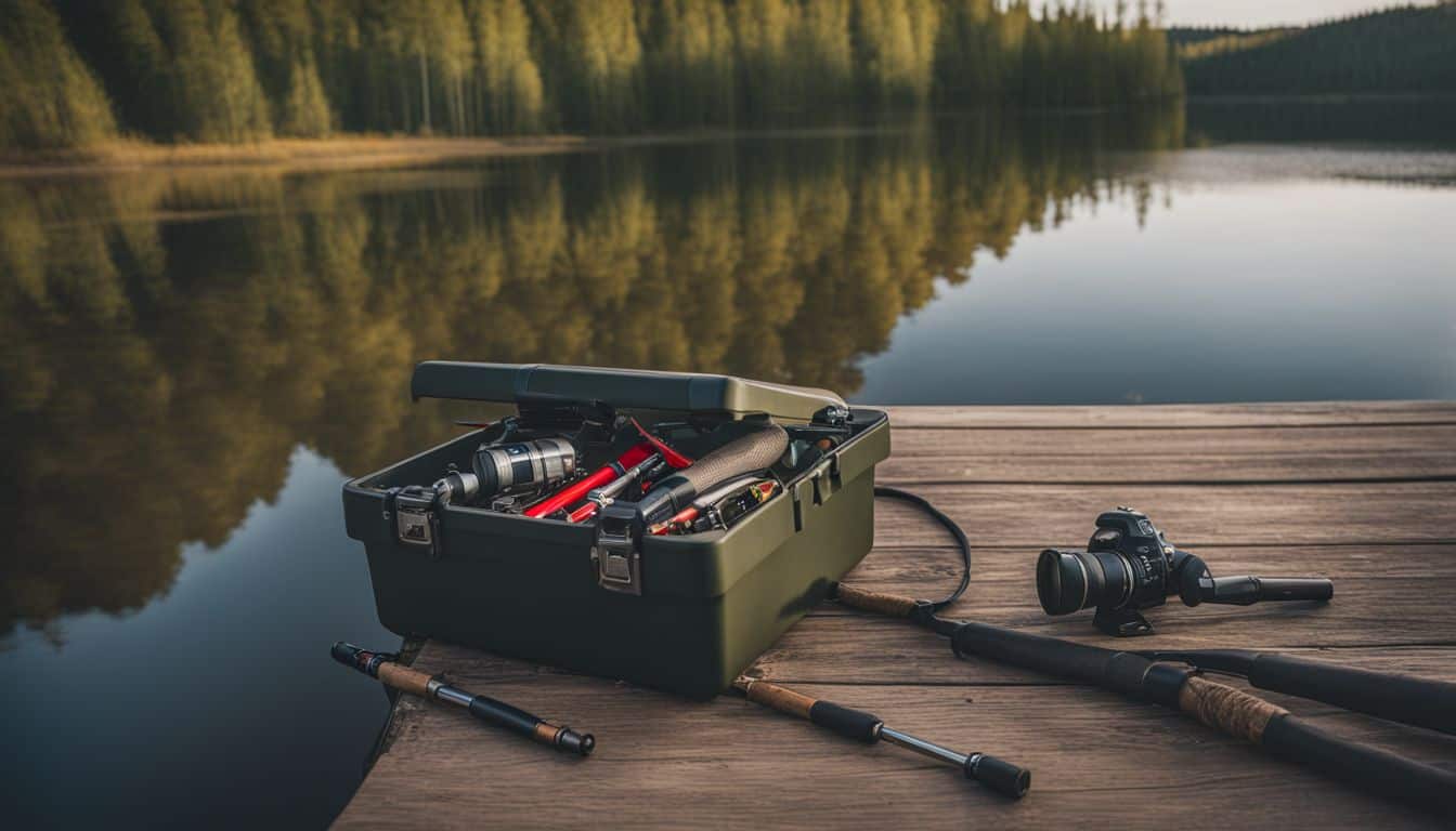 A fishing rod and tackle box on a dock overlooking a serene lake.