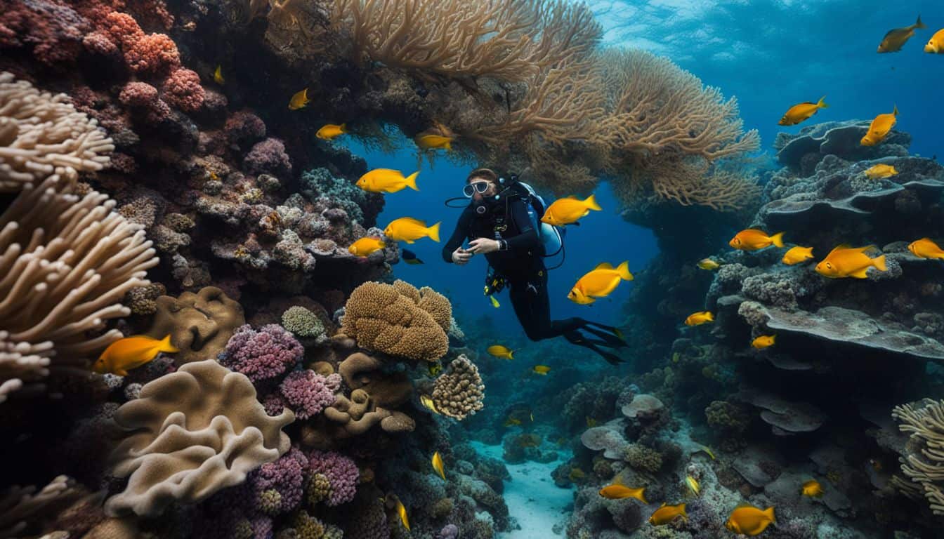 A diver explores a vibrant coral reef with colorful fish swimming around.