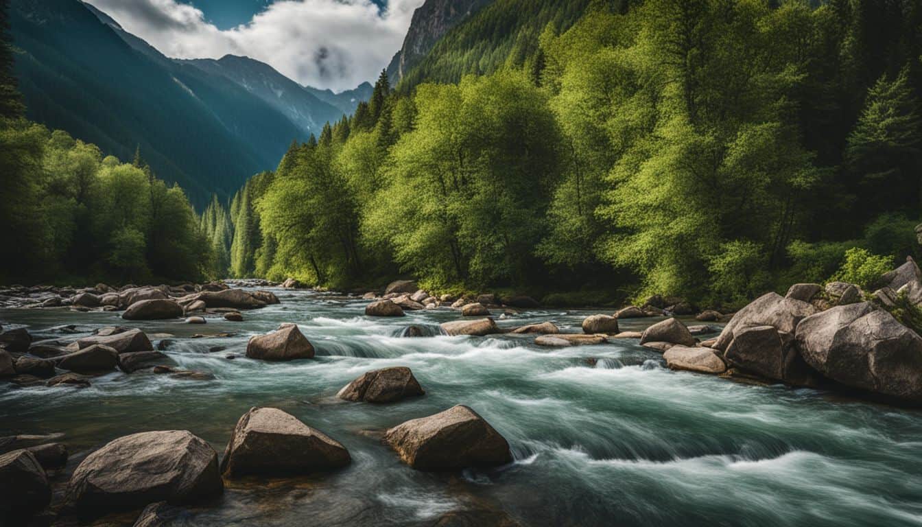 A peaceful river surrounded by lush green trees and mountains in a bustling atmosphere.