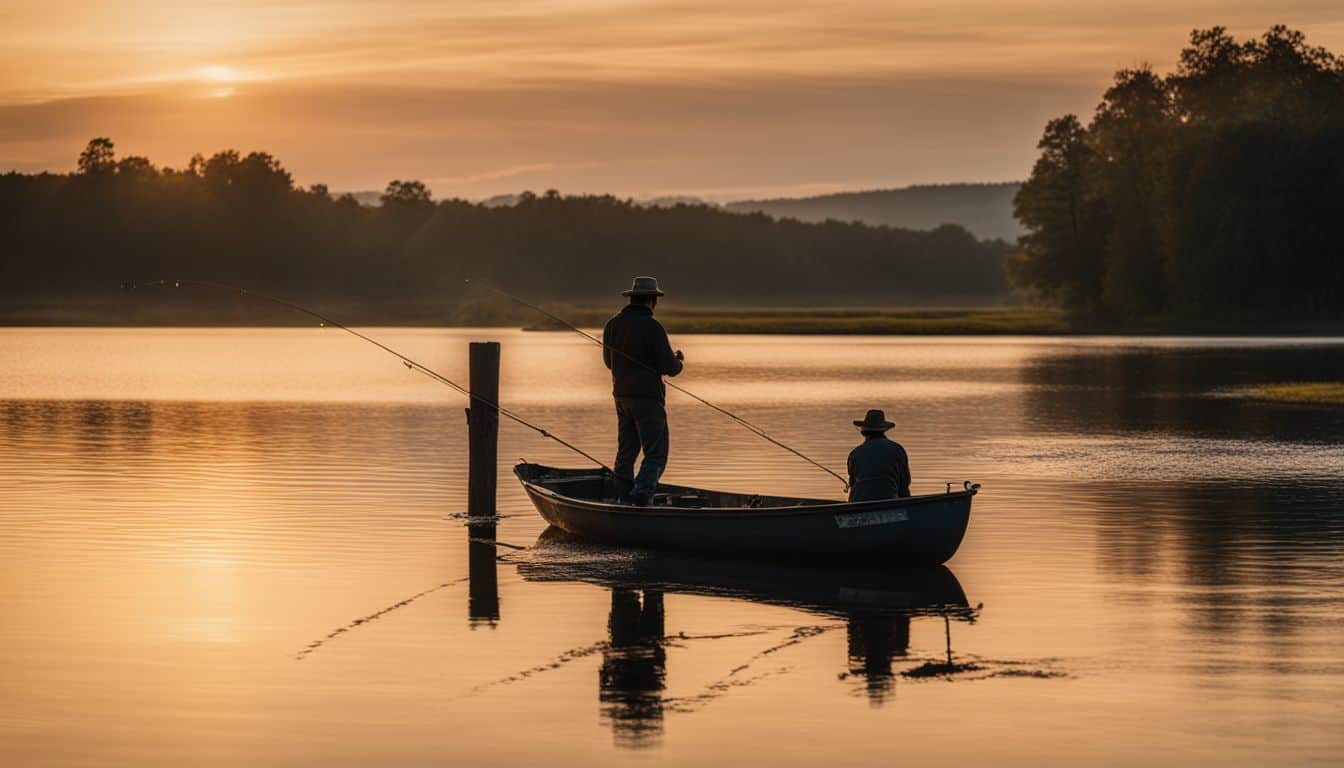 A fisherman casting a line at sunset on a peaceful pond, captured in a well-lit landscape photograph.