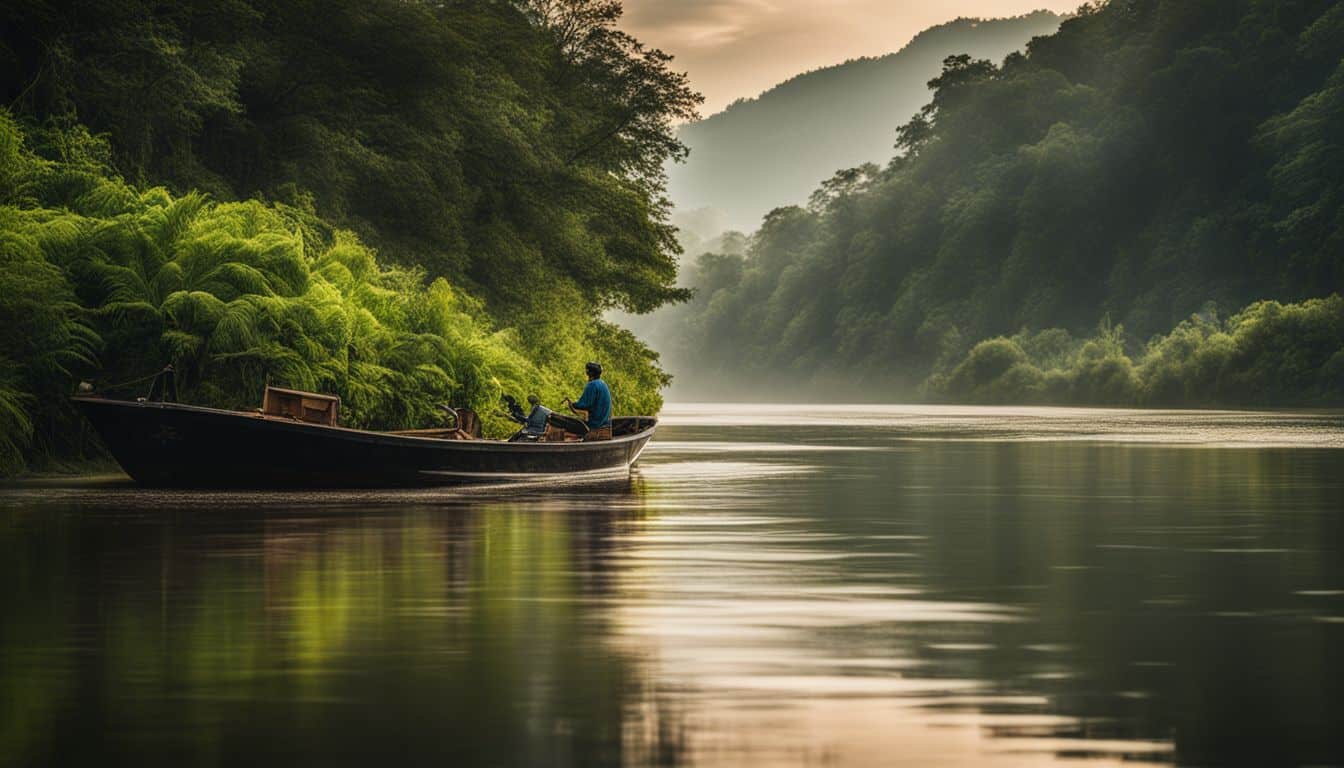 A fishing boat navigates through a serene river surrounded by lush greenery, captured in a stunning photograph.