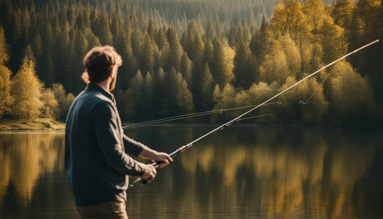 A man fishing on a tranquil lake surrounded by trees, captured in a cinematic and photorealistic style.