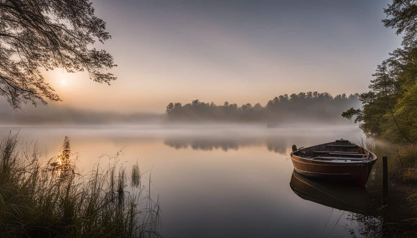 A photograph of a fishing boat on a calm lake at dawn surrounded by mist with various people on board.