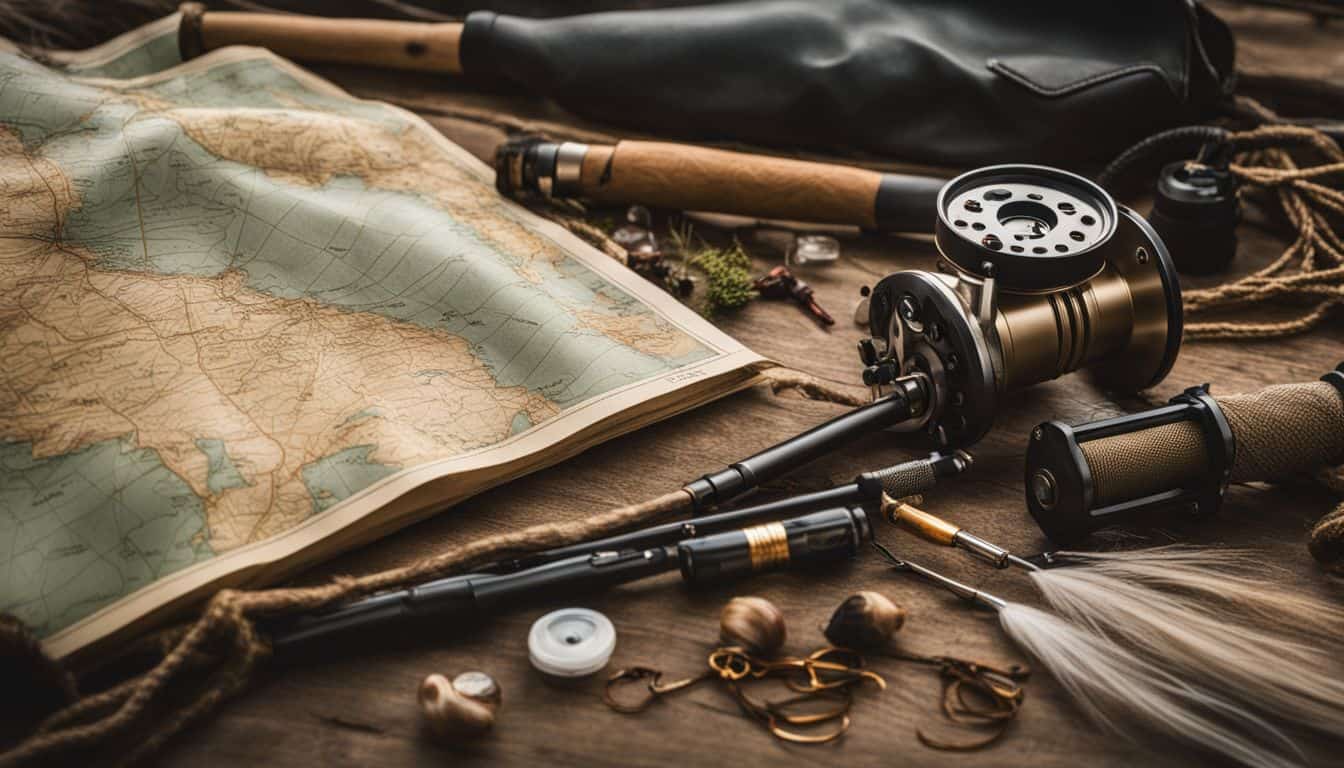 A detailed photo capturing a fishing area with people using various fishing gear and bait.