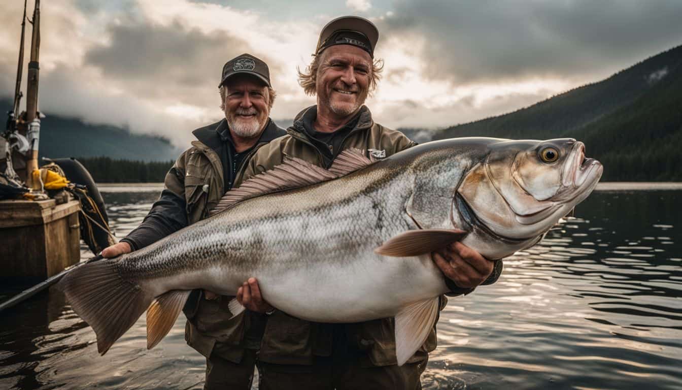 A fisherman proudly holds a massive world record fish surrounded by fishing gear and a bustling atmosphere.