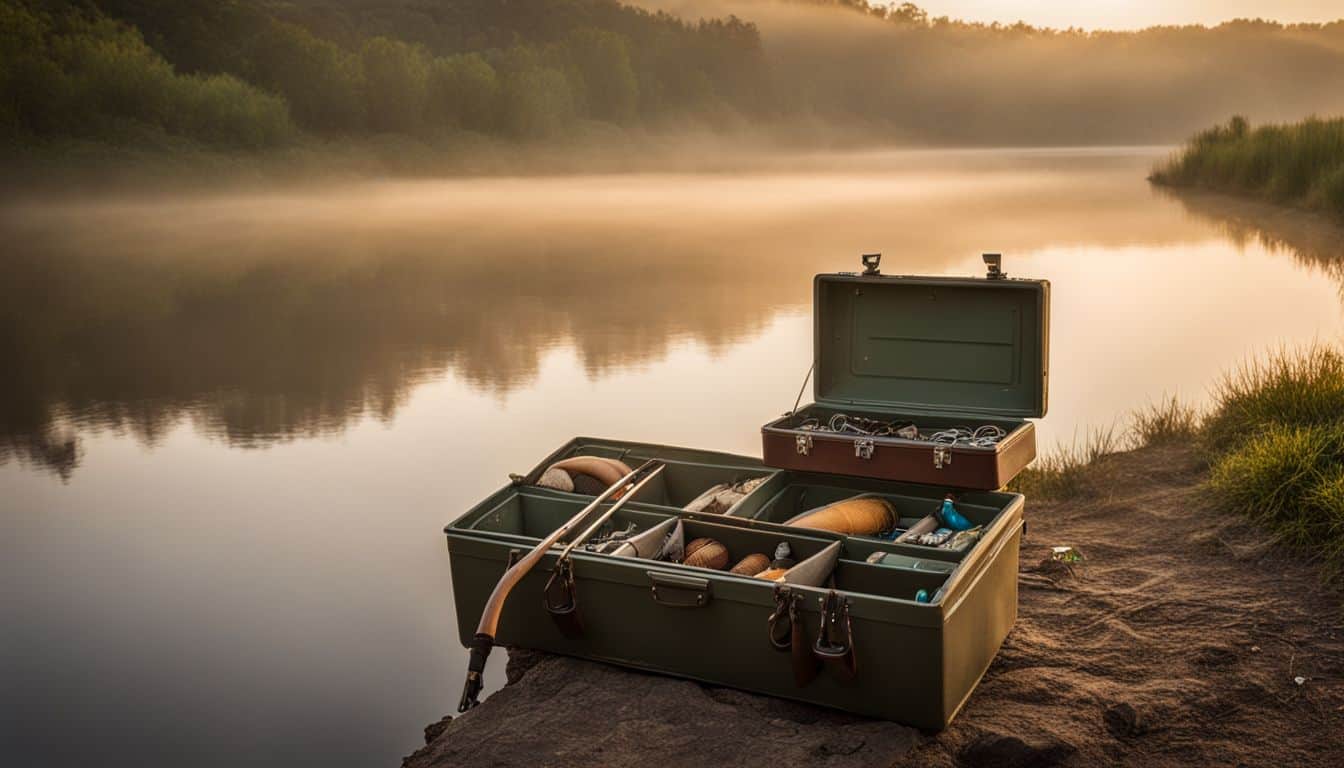 A serene riverbank scene featuring a fishing rod and tackle box at sunrise with mist rising from the water.