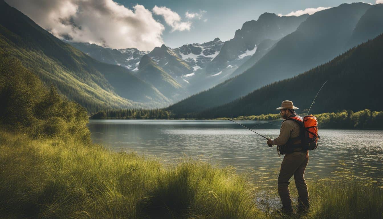 A fisherman wearing a life jacket fishing on a scenic lake surrounded by lush mountains.