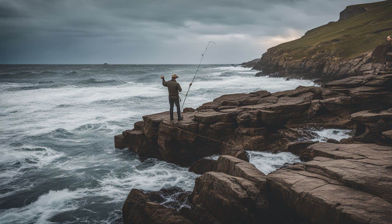 A fisherman casts his line into the crashing waves on a rocky shoreline.