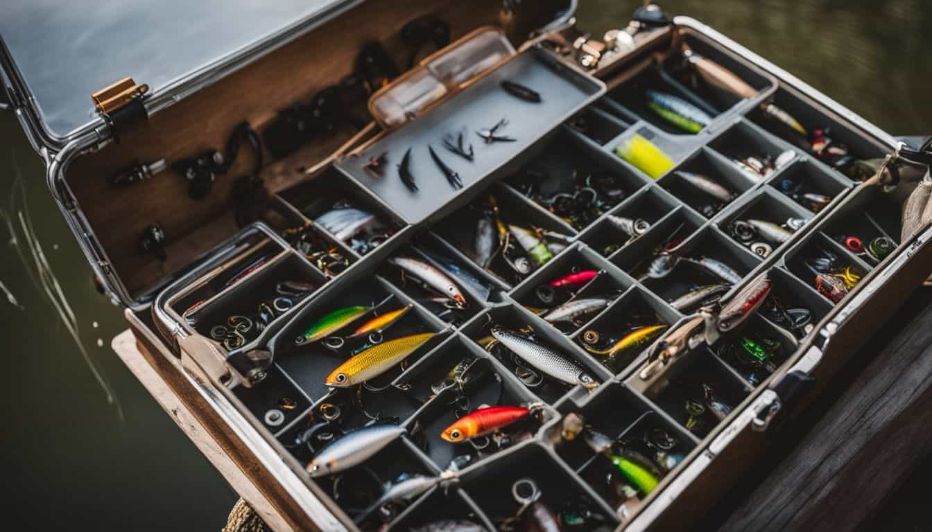 An organized tackle box surrounded by a serene lake, featuring a variety of fishing lures and gear.