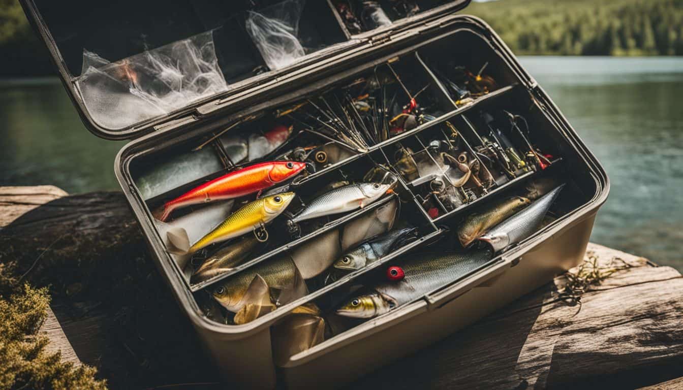 An open fishing tackle box filled with lures and tools, surrounded by a serene lake setting.