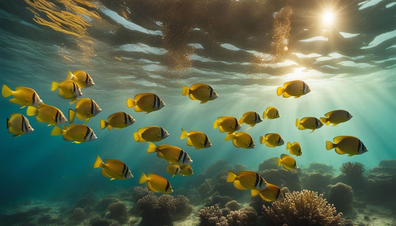 A vibrant school of tropical fish swim together in the radiant sunrise, creating a bustling and picturesque underwater scene.