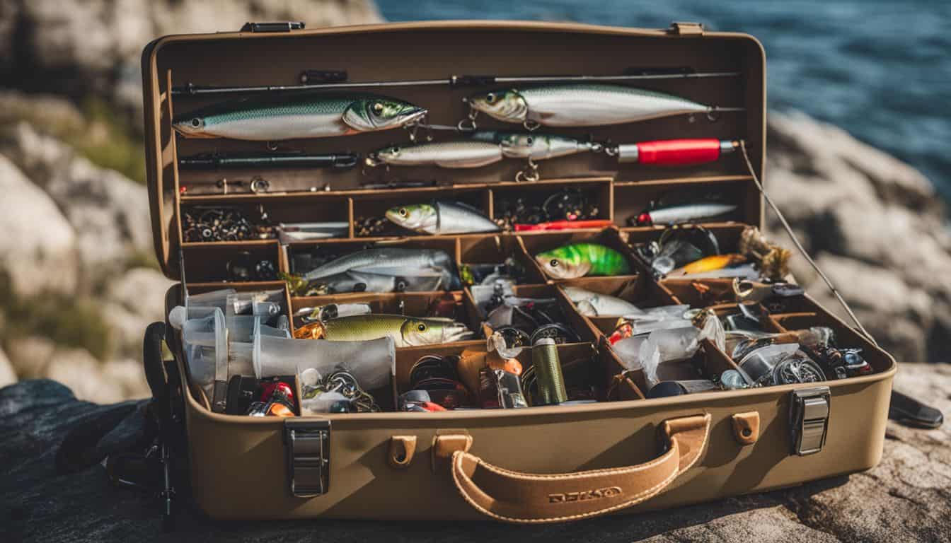 A fishing tackle box filled with various lures and gear against a backdrop of a serene ocean.