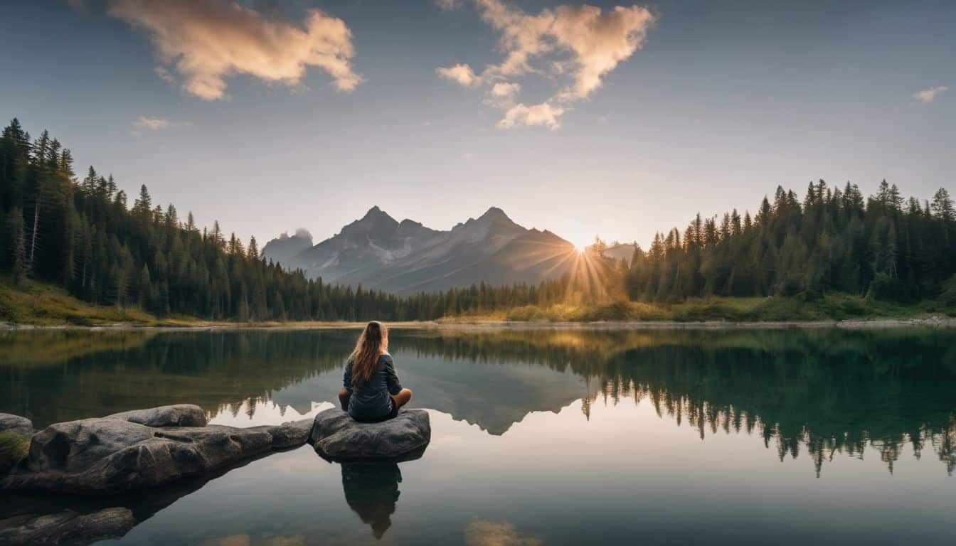 The image depicts a person peacefully sitting on a calm lake surrounded by nature, feeling relaxed and content.