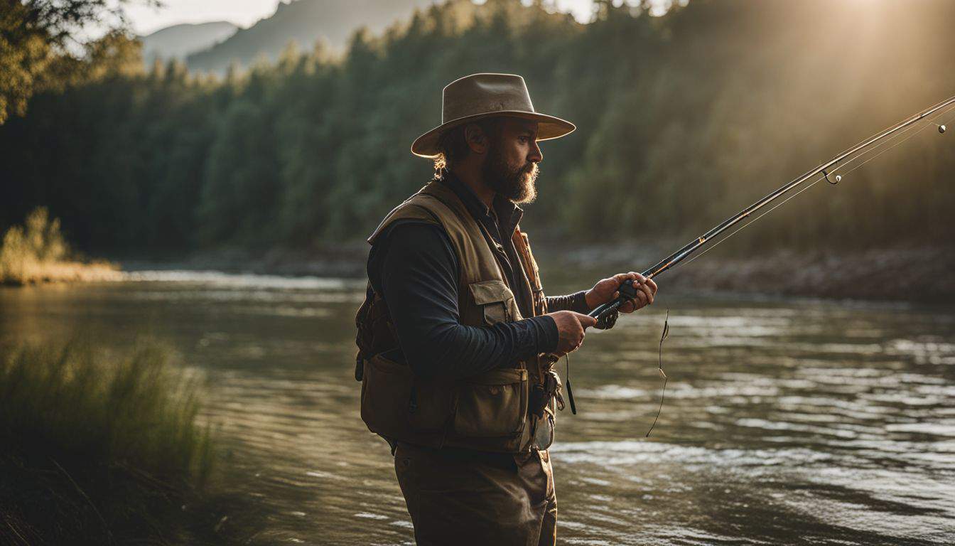 A fisherman is shown in various poses and outfits while fly fishing in a serene river.