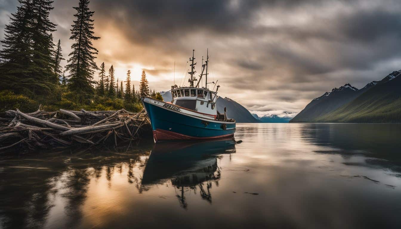 A photo of a fishing boat in the picturesque landscape of Alaska with various people and outfits.