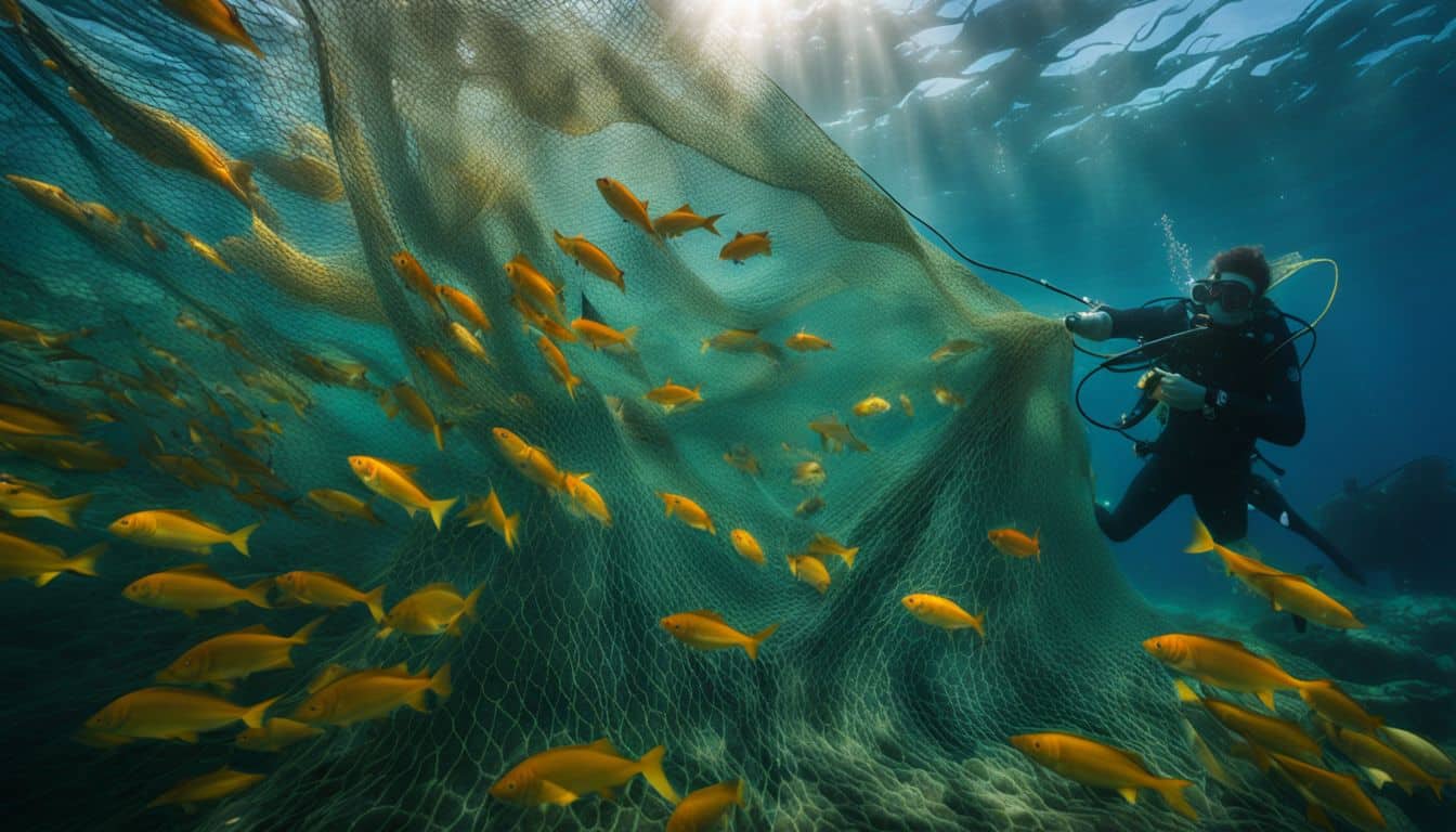 A vibrant school of fish is enveloped by a beautifully patterned fishing net in an underwater photograph.