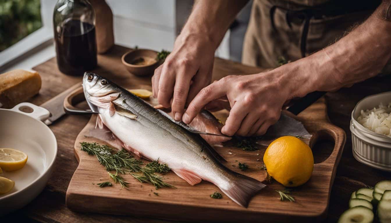 A skilled person filleting a freshly caught fish on a wooden cutting board.