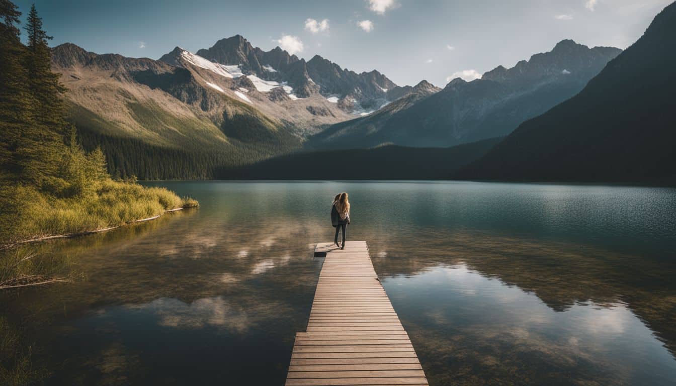 A serene lake surrounded by lush forests and mountains, capturing the beauty of nature.