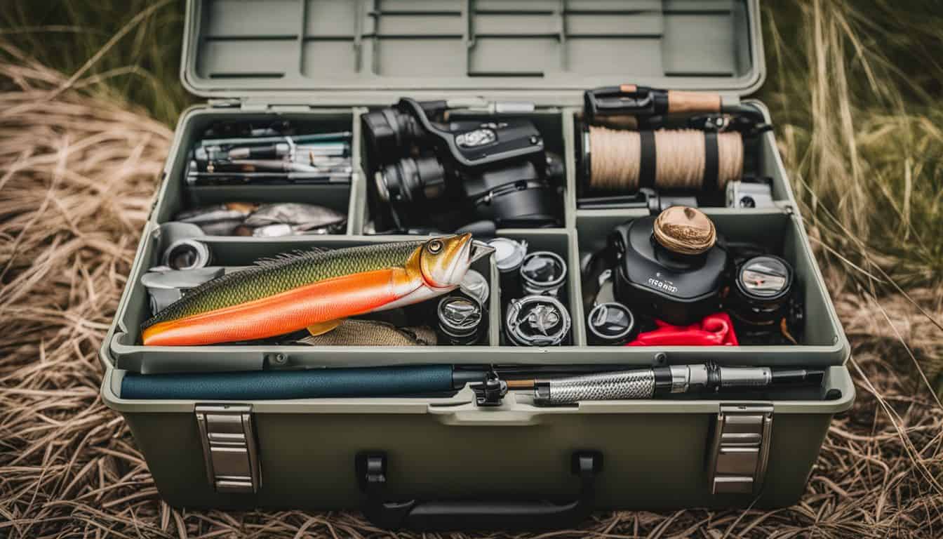 A photo of a well-organized fishing tackle box in a serene outdoor setting.