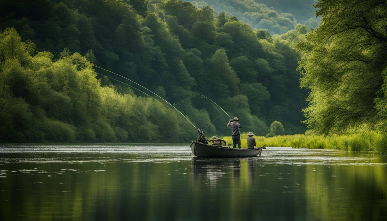 A person casts a fishing line into a calm river surrounded by lush green foliage.