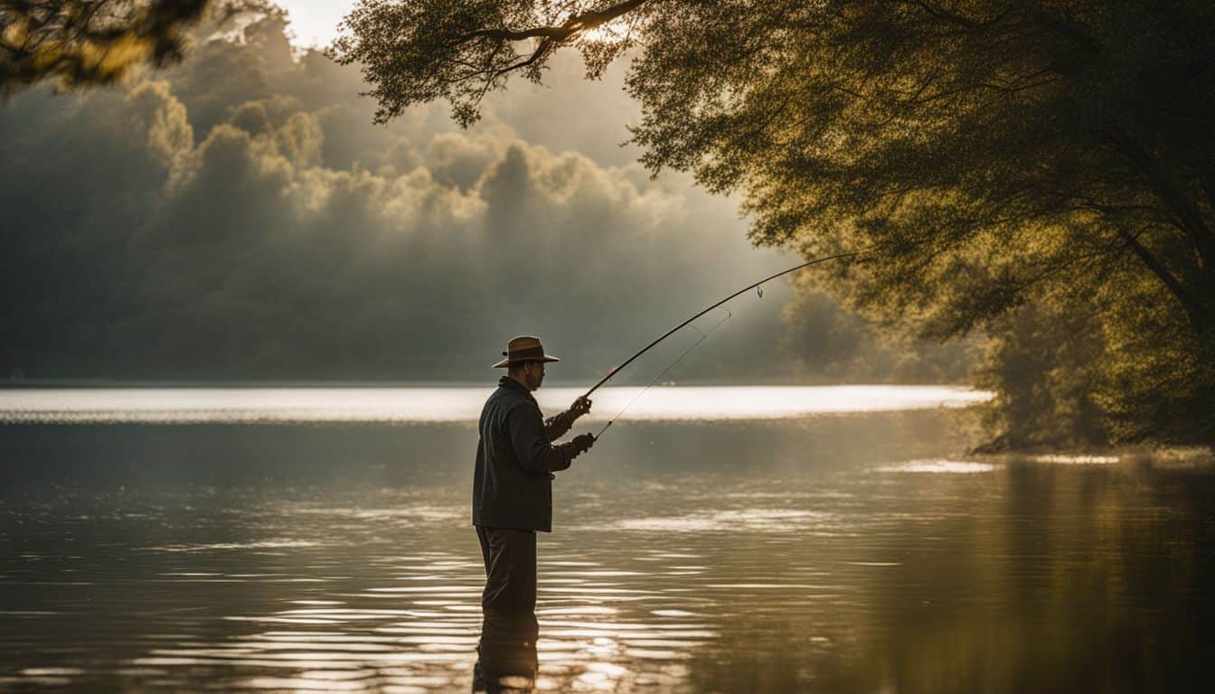 A fisherman casts his line on a peaceful lakeside surrounded by trees, captured in stunning detail and clarity.