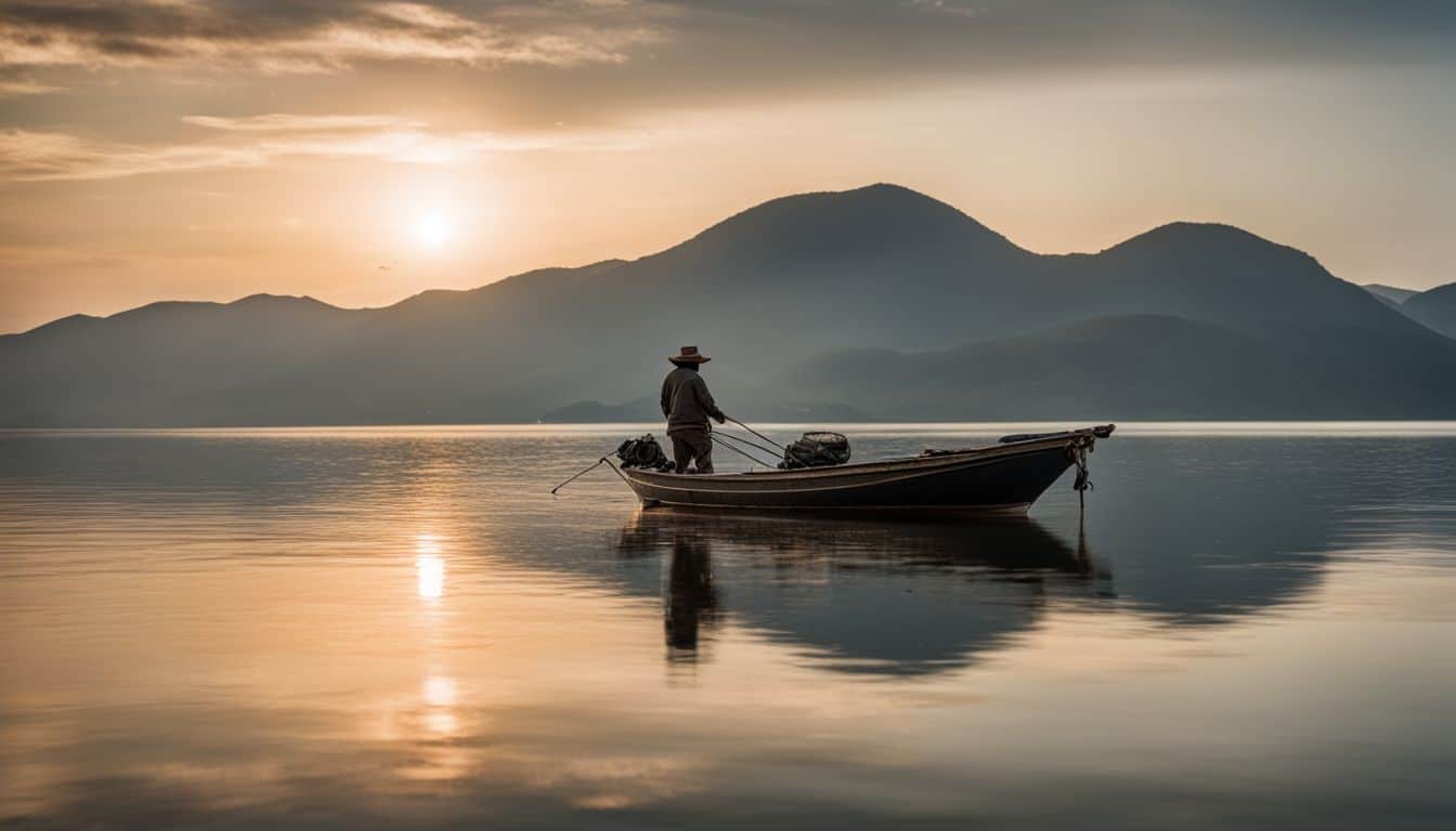 A fisherman on a spacious fishing boat surrounded by calm waters and beautiful scenery.