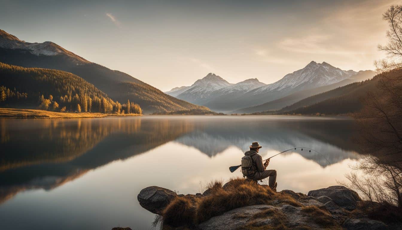 A serene photograph of an angler fishing on a picturesque lake with a mountain backdrop.