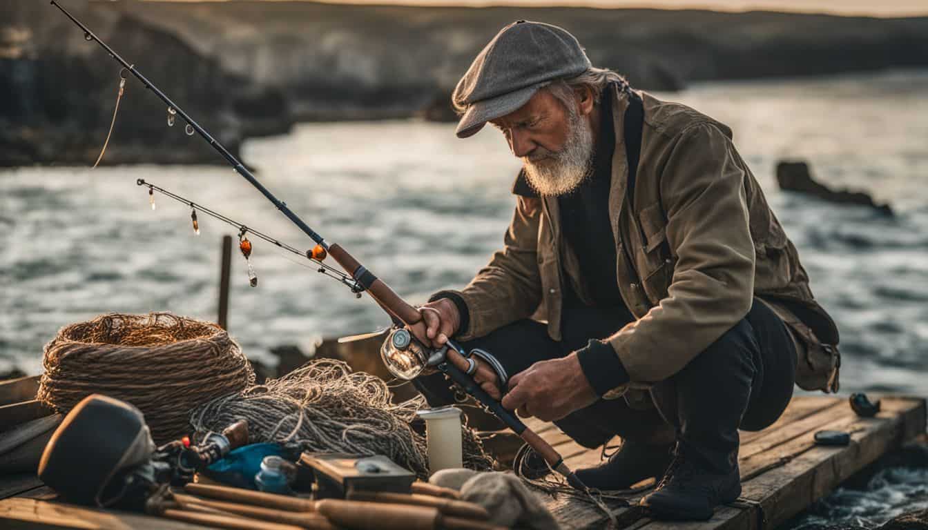 A fisherman surrounded by fishing gear in a bustling atmosphere, captured in a well-lit and cinematic photograph.