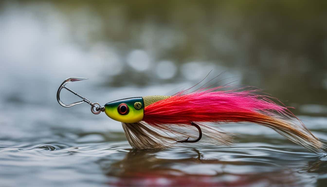 A colorful fishing lure submerged in water with a blurred background, captured with a wide-angle lens for a crisp and vibrant photo.