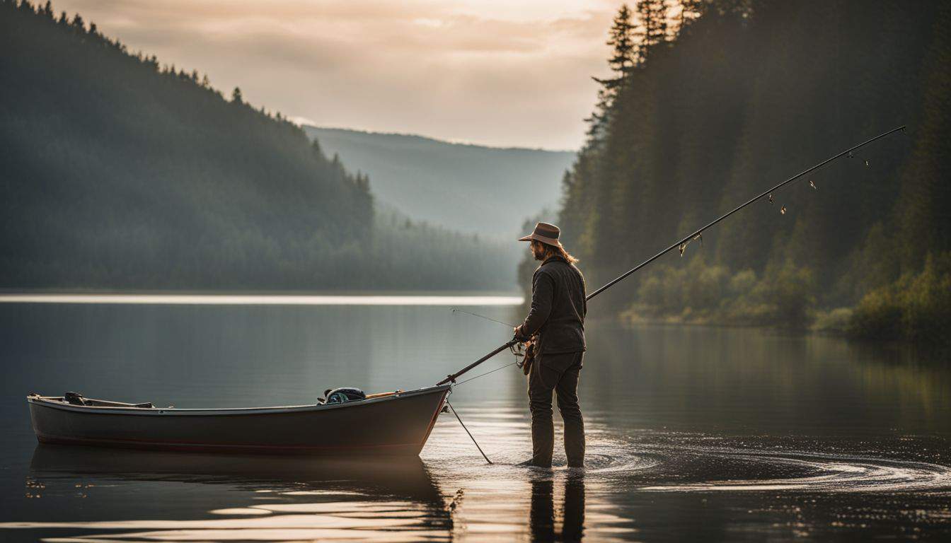 An angler stands on a boat in calm waters surrounded by beautiful scenery in a nature photography scene.