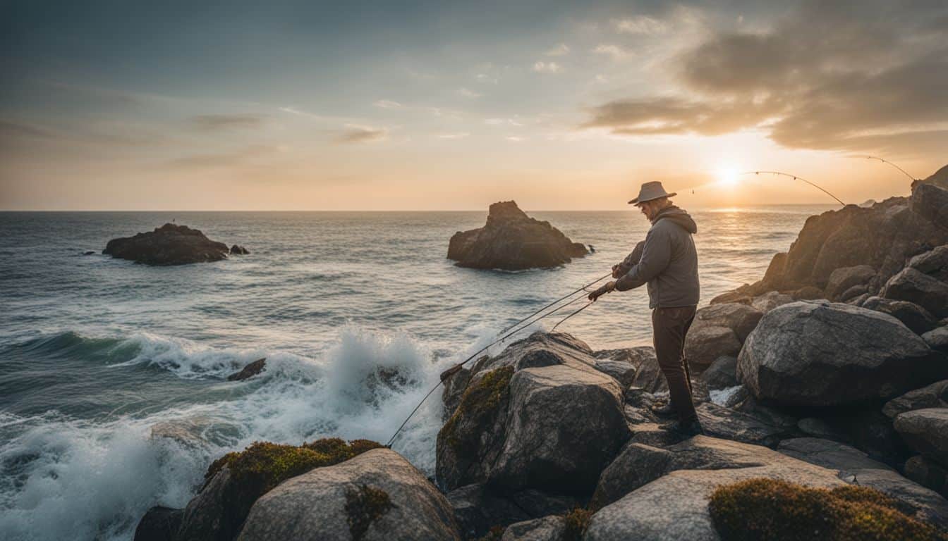 A fisherman casts his line into the ocean amidst a bustling coastal environment.