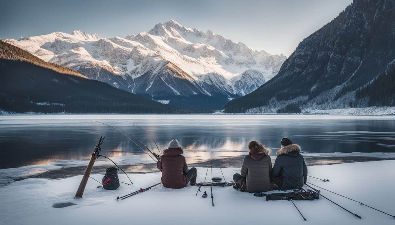 A scenic photo of a frozen lake with people fishing, surrounded by snowy mountains.