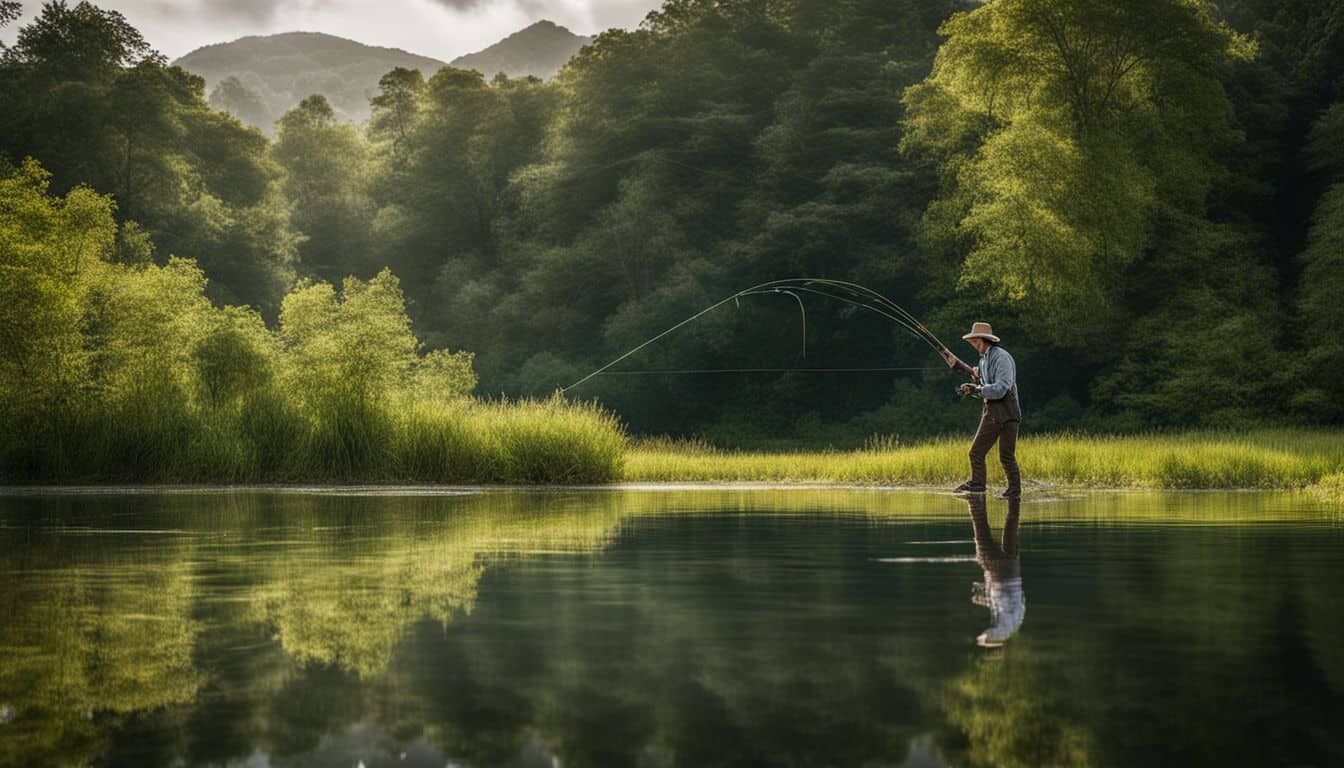 A person fishing in a tranquil pond surrounded by trees, captured in a well-lit and cinematic photograph.
