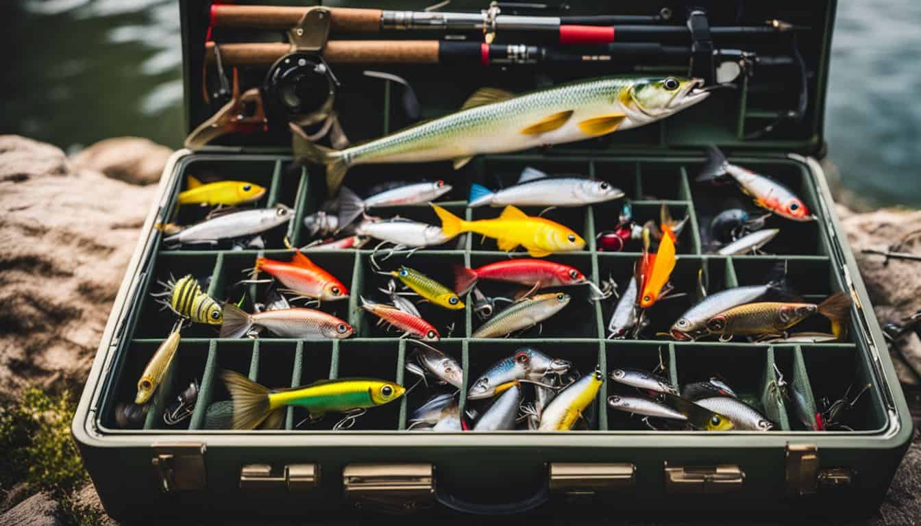 A vibrant fishing tackle box surrounded by a variety of fishing gear in a lively outdoor setting.